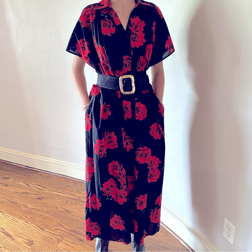 ADAM LIPPES Black and Red Rose Long Shirt Dress🌸